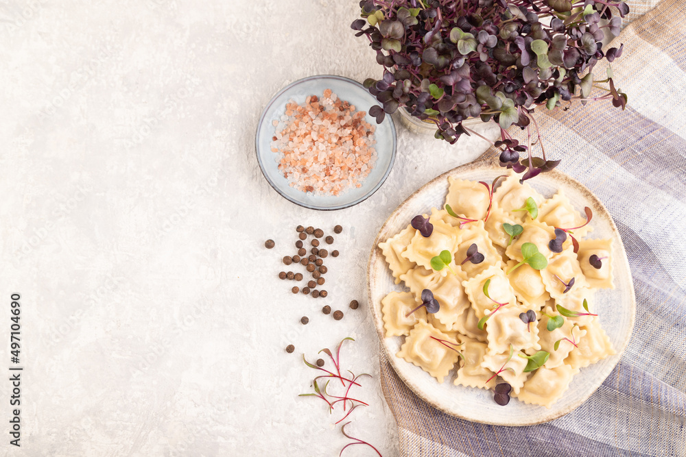 Dumplings with pepper, herbs, microgreen on gray concrete. Top view, flat lay, copy space. Dumplings with pepper, herbs, microgreen on gray concrete. Top view, flat lay, copy space.