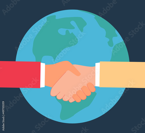 Global cooperation and handshake of two partners. Agreement of person shaking hands near Earth globe flat vector illustration. Diplomacy, trade concept for banner, website design or landing web page photo