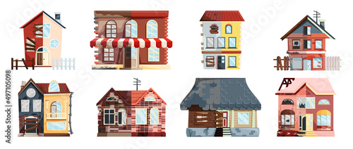 Home renovation, house before and after repair. New and old suburban cottage. Remodel construction. Old run-down house remodeled into cute traditional suburban cottage. Building maintenance service