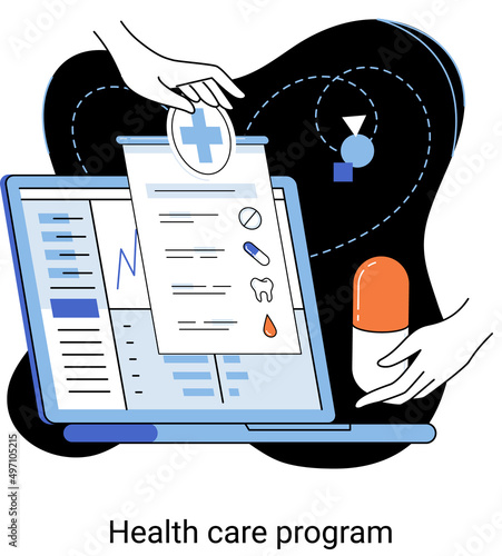 Health care program metaphor, online medical services, protection medicine. Medical insurance, hospital services, preventive check up, sick leave certificate treatment diagnosis patients, telemedicine