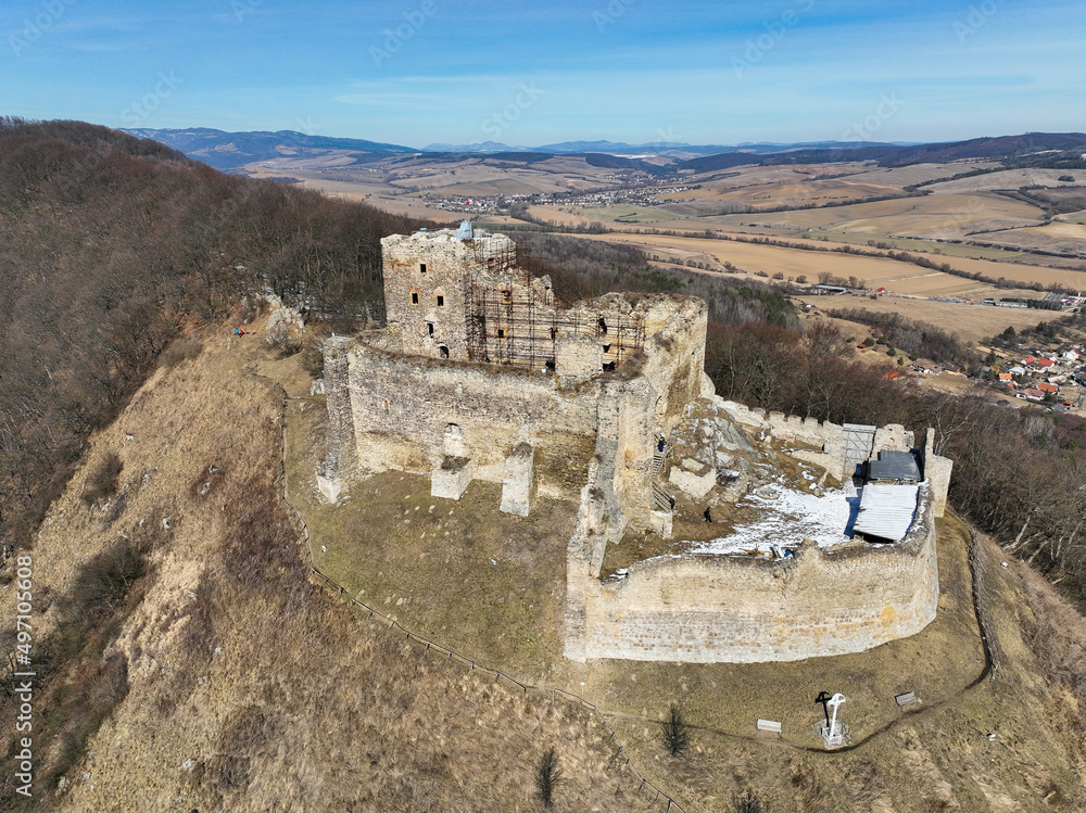 Obraz premium Aerial view of the castle in the village of Kapusany in Slovakia