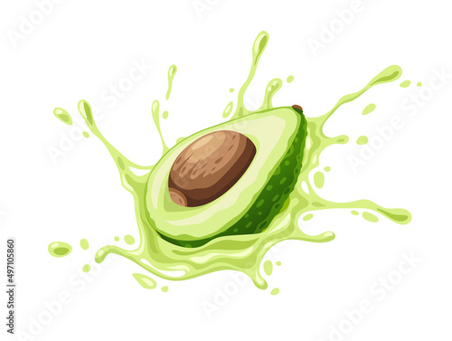 Green fruit avocado with juicy splash. Ripe green vegetable, isolated on white background, Ingredient for Mexican Guacamole sauce. Eps10 vector illustration.