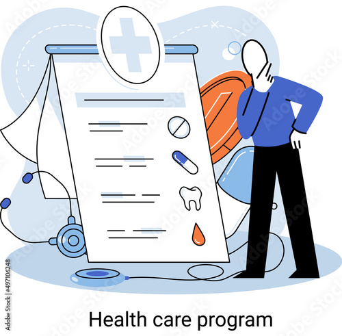 Health care program metaphor, online medical services, protection medicine. Medical insurance, hospital services, preventive check up, sick leave certificate treatment diagnosis patients, telemedicine