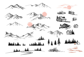 Canvas schilderij Wit Mountain landscape big set drawing vector.  © bioraven
