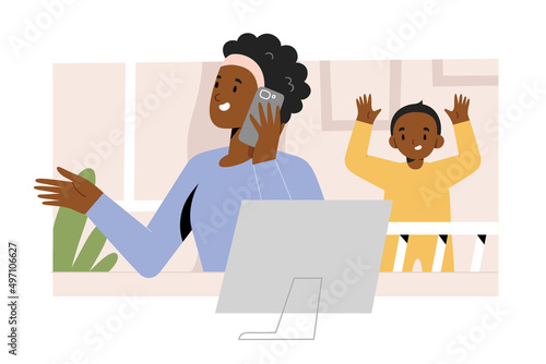 Busy freelancer mother working at home office using her laptop talking on the phone while her toddler son distracting her, african-american woman, remote job concept, vector cartoon illustration