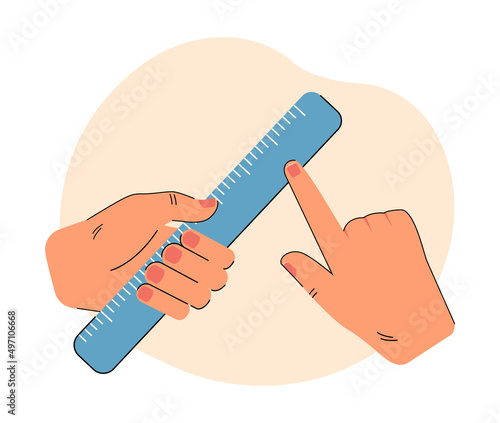 Human hands holding ruler, measuring length. Person pointing finger at educational tool flat vector illustration. Measurement, math lesson concept for banner, website design or landing web page
