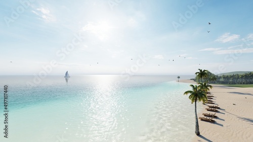 8K ULTRA HD. Beautiful Beach Sea. Scene of Landscape view of Palm at beach. Beach sand on blue sea water clear and sky clear background. 