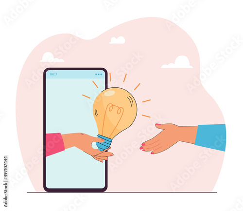 Hand giving light bulb from screen of mobile phone. Person receiving digital information and ideas online flat vector illustration. Innovation concept for banner, website design or landing web page