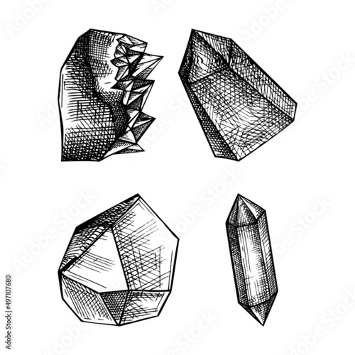 Hand-sketched crystal with mosaic texture illustrations set. Realistic objects - diamond shapes, crystals, gems vintage set.