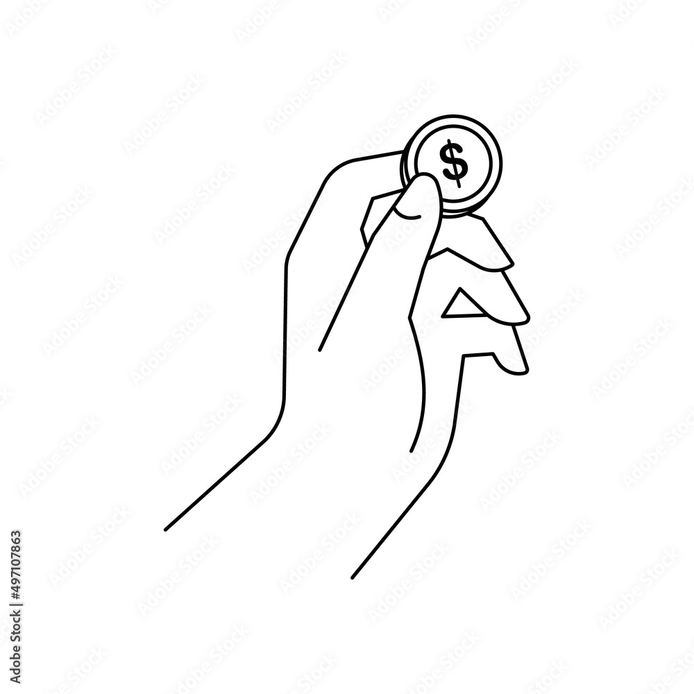 Obraz premium Female hand holding golden dollar coin. Simple line vector illustration for finance, business and banking. Arm with money for charity, donation or lottery.