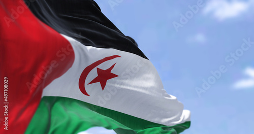 Detail of the national flag of Sahrawi Arab Democratic Republic waving in the wind on a clear day photo