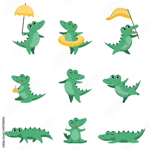 Cute crocodile in different poses cartoon illustration set. Funny alligator sleeping, eating, standing under umbrella, celebrating birthday and dancing. Jungle, predator animal concept