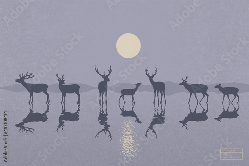 Deer family on frozen lake. Animal herd silhouette. Full moon at night