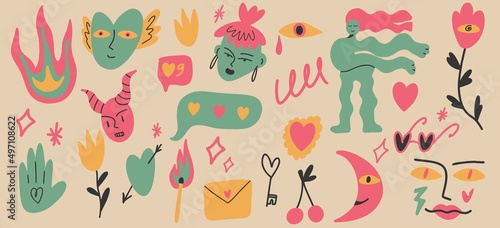 Big set of different abstract doodle icons. Hearts, faces, plants, characters and more. Vector illustration, cartoon style, flat design. All elements are isolated.