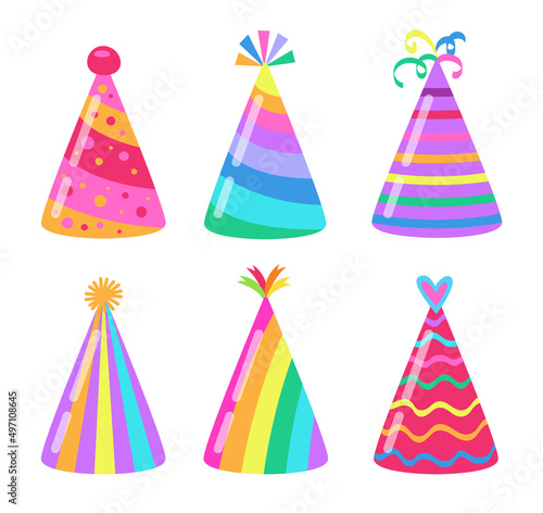 Birthday party hat cartoon illustration set. Colorful accessories for celebration, carnival paper cone caps for children isolated on white background. Holiday, festive atmosphere concept