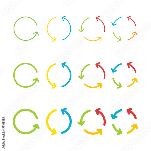 Circular arrows large set. Rotate color arrow group. Loading infographic colorful elements. Vector isolated on white.