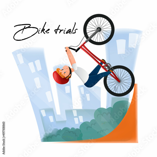 Vector illustration of cyclists riding on a springboard and doing a trick in the air. Background is urban, at home. The concept of bike trials extreme sports, cycling.