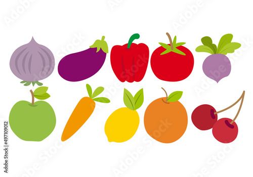 Iconos de verduras y frutas en fondo blanco. 