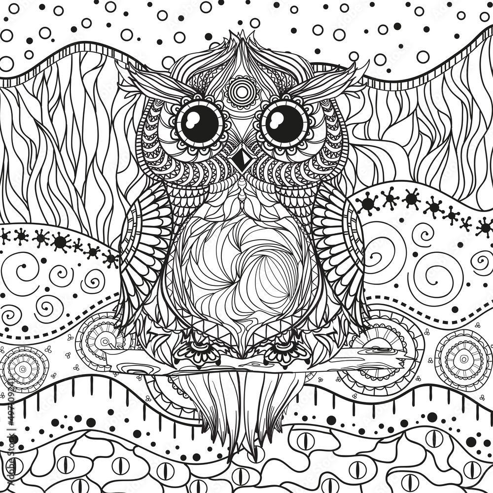 Abstract eastern pattern with owl on isolated white. Zentangle. Hand drawn abstract patterns on isolation background. Design for spiritual relaxation for adults. Black and white illustration