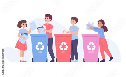 Children sorting garbage flat vector illustration. Kids throwing trash into dustbins for paper bio and plastic waste for recycling. Boys and girls taking care of environment. Ecology concept