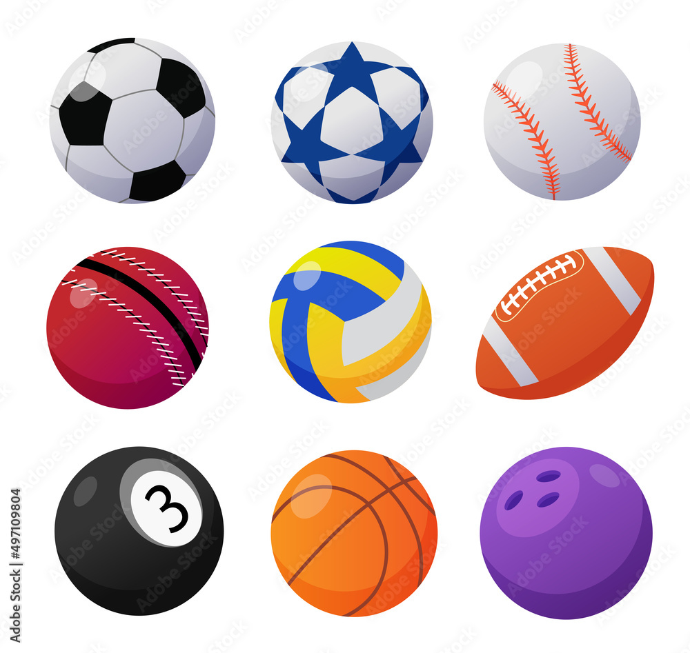 Various sport balls on white background cartoon illustration set. Basketball, baseball, soccer, football, handball and cue balls. Sports game, equipment, hobby concept