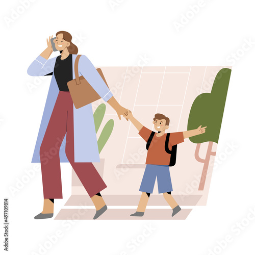 Young mother hurrying to office walking her child to school, kindergarten, making a phone call, businesswoman career, talking on the phone while her son distracting her, vector cartoon illustration