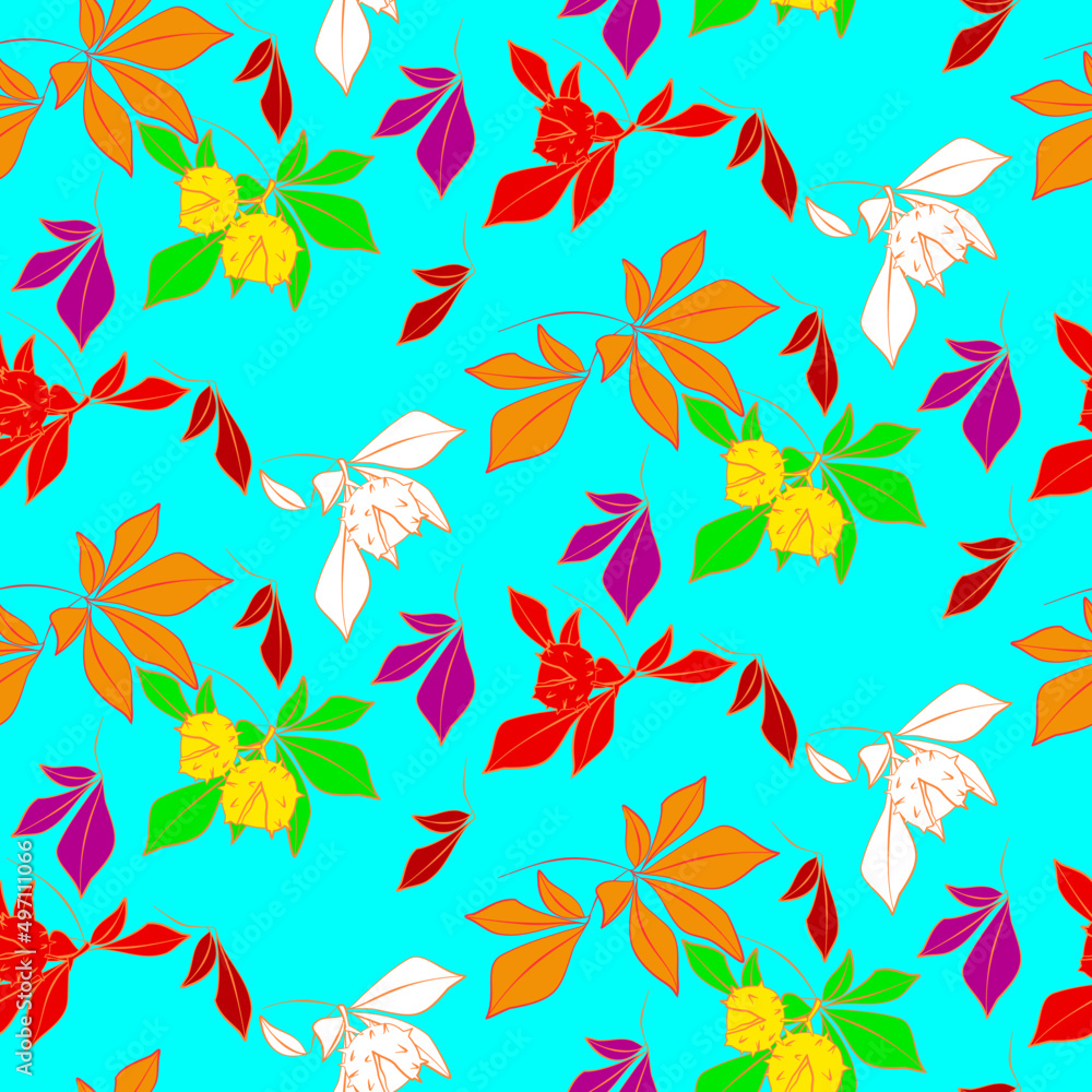 Vector seamless half-drop pattern, with leaves and horse chestnut