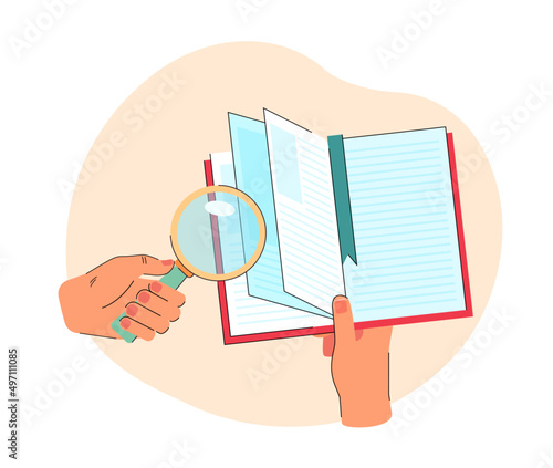 Hands holding magnifying glass and open paper book. Search and study of information by person flat vector illustration. Library, analysis concept for banner, website design or landing web page