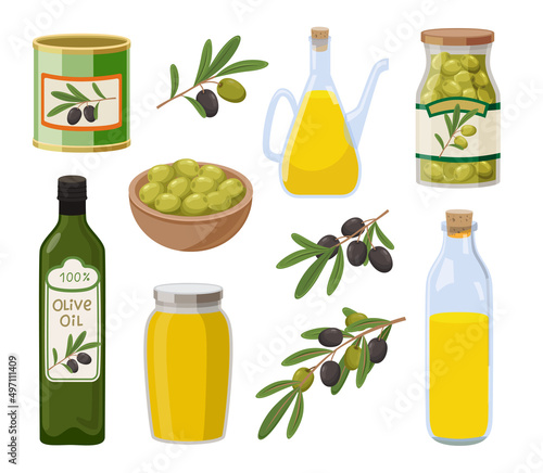 Various olive products cartoon illustration set. Olives in tinned cans and glass jars, extra virgin olive oil on white background. Organic food, home pantry concept