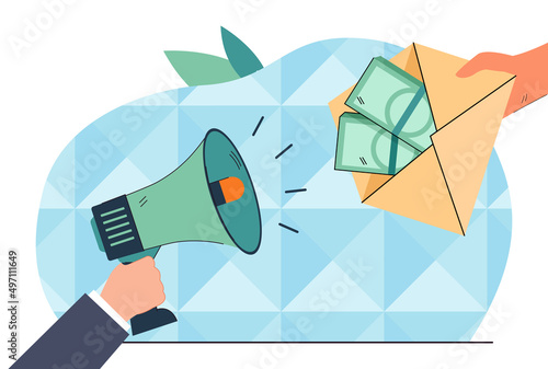 Person with megaphone announcing criminal bribe. Hand holding envelope with money flat vector illustration. Bribery, anti corruption campaign concept for banner, website design or landing web page