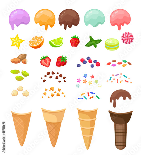 Elements for creating your own ice cream. Chocolate, strawberry, vanilla, mint scoops of ice-cream with fruits and berries, cookie crumbs, sprinkles cartoon illustration set. Summer, sundae concept