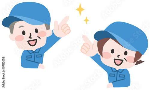 ななめうえを指差す作業員たち