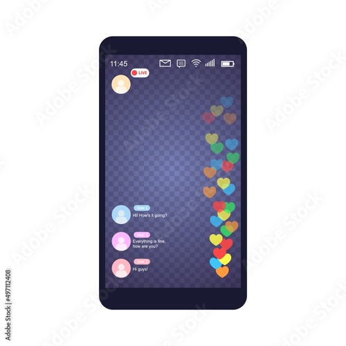 Mockup of mobile app with like live streaming. Interface photo frame design social media application network post template with flying multicolored hearts. Vector illustration for video chat, ui, web