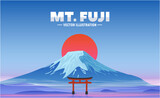 Japanese landscape with Fuji mountain. Composition with Japanese cherry, temple and tower. Night view on most famous tourist attractions in Tokyo. Fujiyama vector illustration for web or banner.