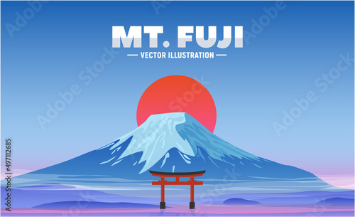 Japanese landscape with Fuji mountain. Composition with Japanese cherry, temple and tower. Night view on most famous tourist attractions in Tokyo. Fujiyama vector illustration for web or banner. photo