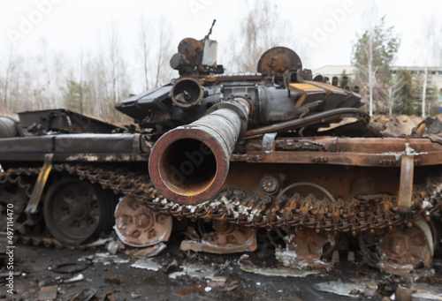 War in Ukraine. Burnt military equipment in Hostomil