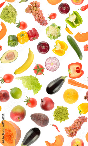 Vertical colorful seamless pattern fresh bright vegetables and fruits isolate...