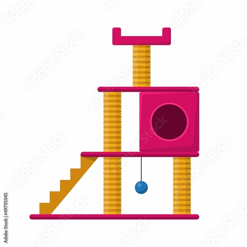 Cat tower and scratching post isolated on white background. Cat tree with cat house, Furniture for kittens. Cat playground accessories with claw sharpeners for pets. Vector illustration