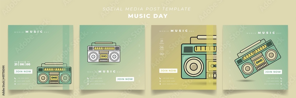 Obraz premium Set of social media post template for world music day with radio tape design
