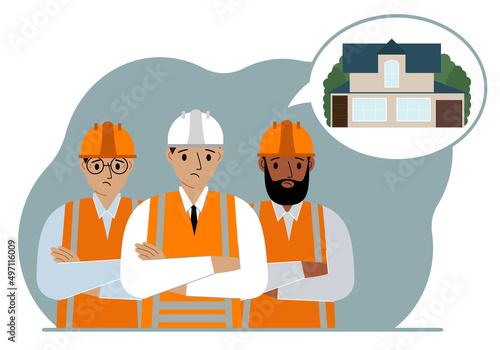 A construction team is thinking about building a house. Sad men in hard hats and vests are planning a work process. The concept of building a house.