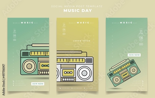 Set of social media post template for world music day with radio tape design in portrait background