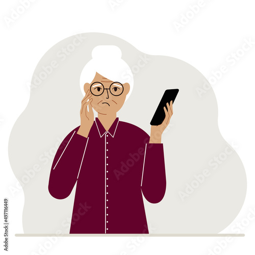 A woman looks at a mobile phone. A woman looks sadly at the phone he holds in his hand. Vector