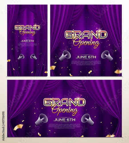 Elegant Luxury grand opening banners collection with realistic purple curtain stage