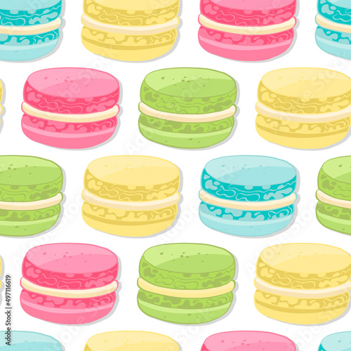 rainbow color macaroon cake, seamless pattern macaroon cake of green, pink, yellow, blue on a white background, seamless pattern