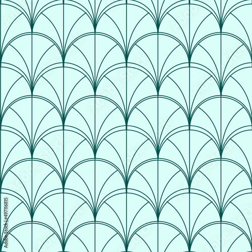 Green art deco seamless pattern. Abstract floral fan. Geometric outline shape. Editable stroke. Vector illustration