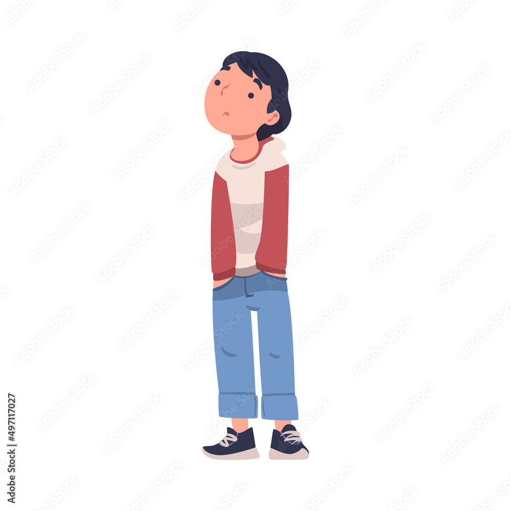 Little Puzzled Boy Standing with Hands in Pocket Looking Up to Someone Talking Vector Illustration Little Puzzled Boy Standing with Hands in Pocket Looking Up to Someone Talking Vector Illustration