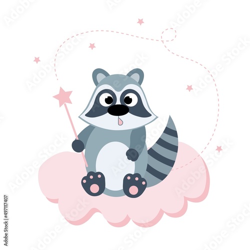 A cute raccoon with a magic wand sits on a pink cloud. Children s postcard or banner. Flat illustration.