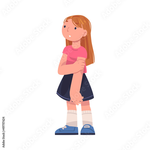 Little Puzzled Girl Standing Looking Up Talking to Somebody Vector Illustration