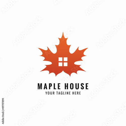 House with maple leaf logo design vector