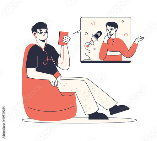 Cartoon audio podcast recording, live broadcast, interview talk talk show characters. Podcast collaboration and live broadcast flat vector symbols illustration. Online interview recording